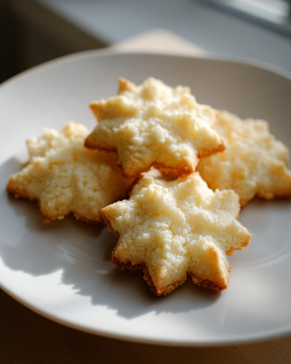 A close-up of star-shaped whipped shortbread cookies on a white plate, bathed in soft light.
