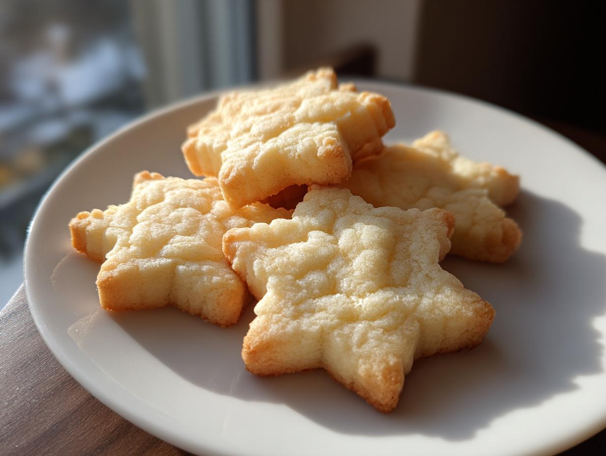 A close-up shot of a stack of star-shaped whipped shortbread cookies on a white plate.