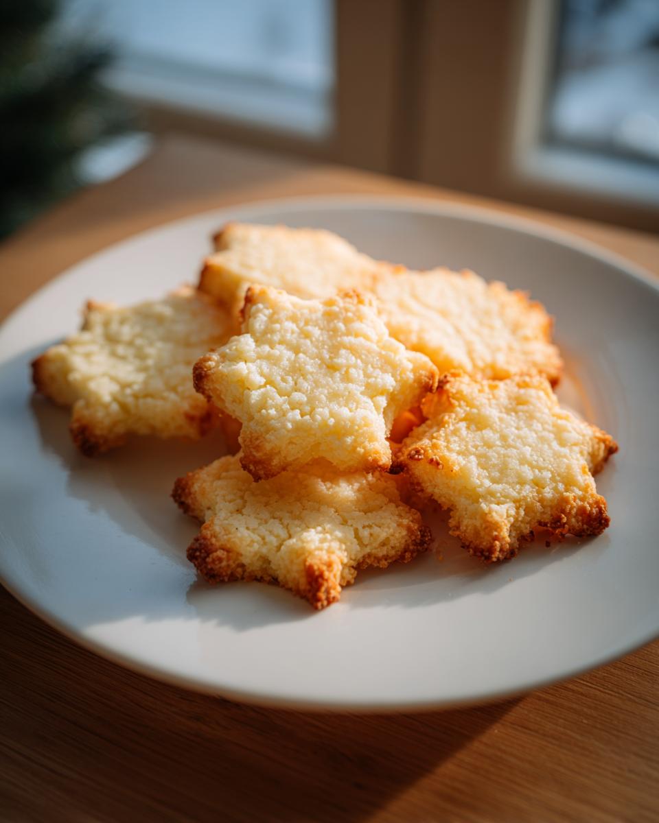 A pile of golden-brown star-shaped whipped shortbread cookies on a white plate, with soft lighting.