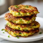 A stack of golden-brown zucchini fritters, garnished with fresh chives, showcasing their delicious texture.