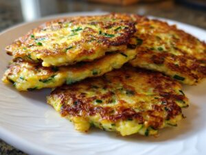 A close-up of a stack of golden-brown zucchini fritters, showing visible green flecks of zucchini and chives.