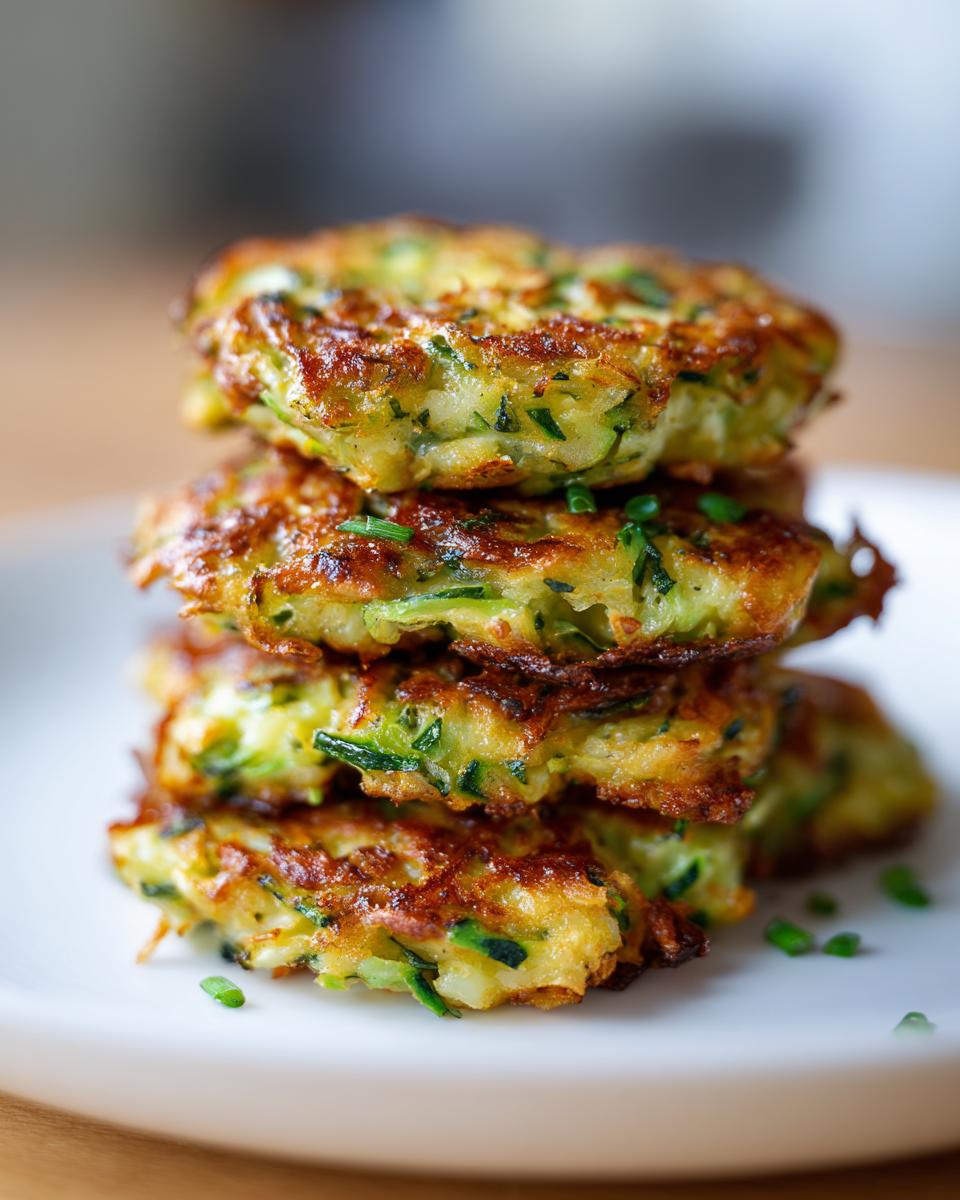 A stack of golden brown zucchini fritters, garnished with fresh chives, on a white plate.