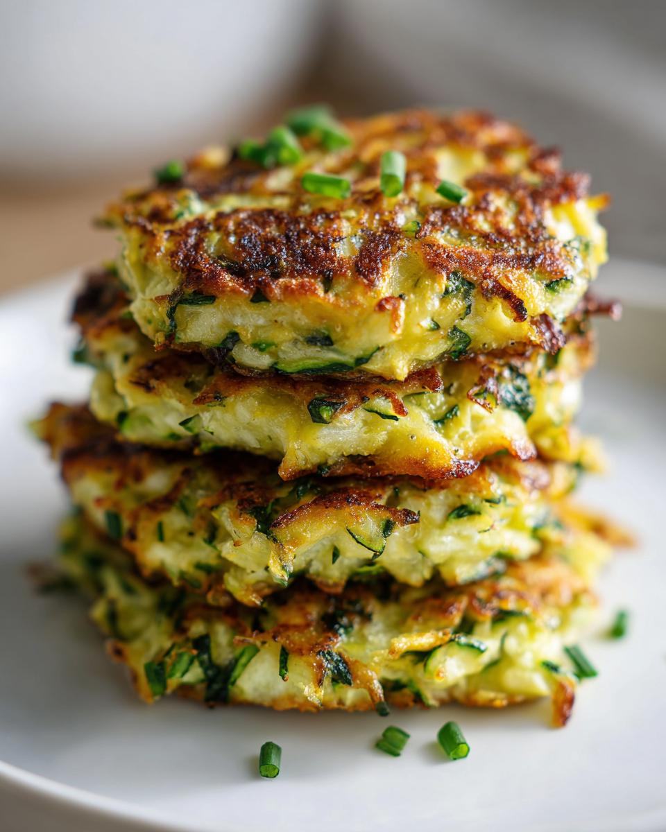 A tall stack of golden-brown zucchini fritters, garnished with fresh chives.