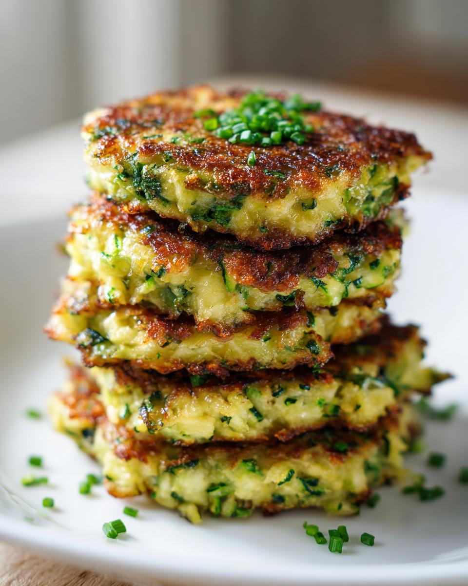 A tall stack of golden-brown zucchini fritters, garnished with fresh chives.