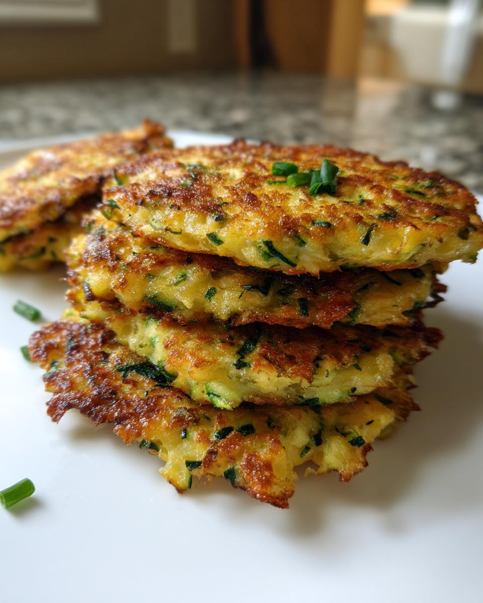 A stack of golden-brown zucchini fritters, garnished with chopped green onions.