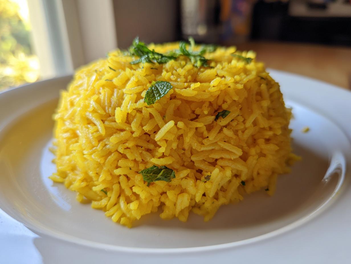 A mound of bright yellow turmeric rice garnished with fresh mint leaves, served on a white plate.