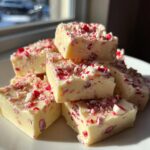 A stack of creamy white peppermint fudge squares topped with crushed candy canes.