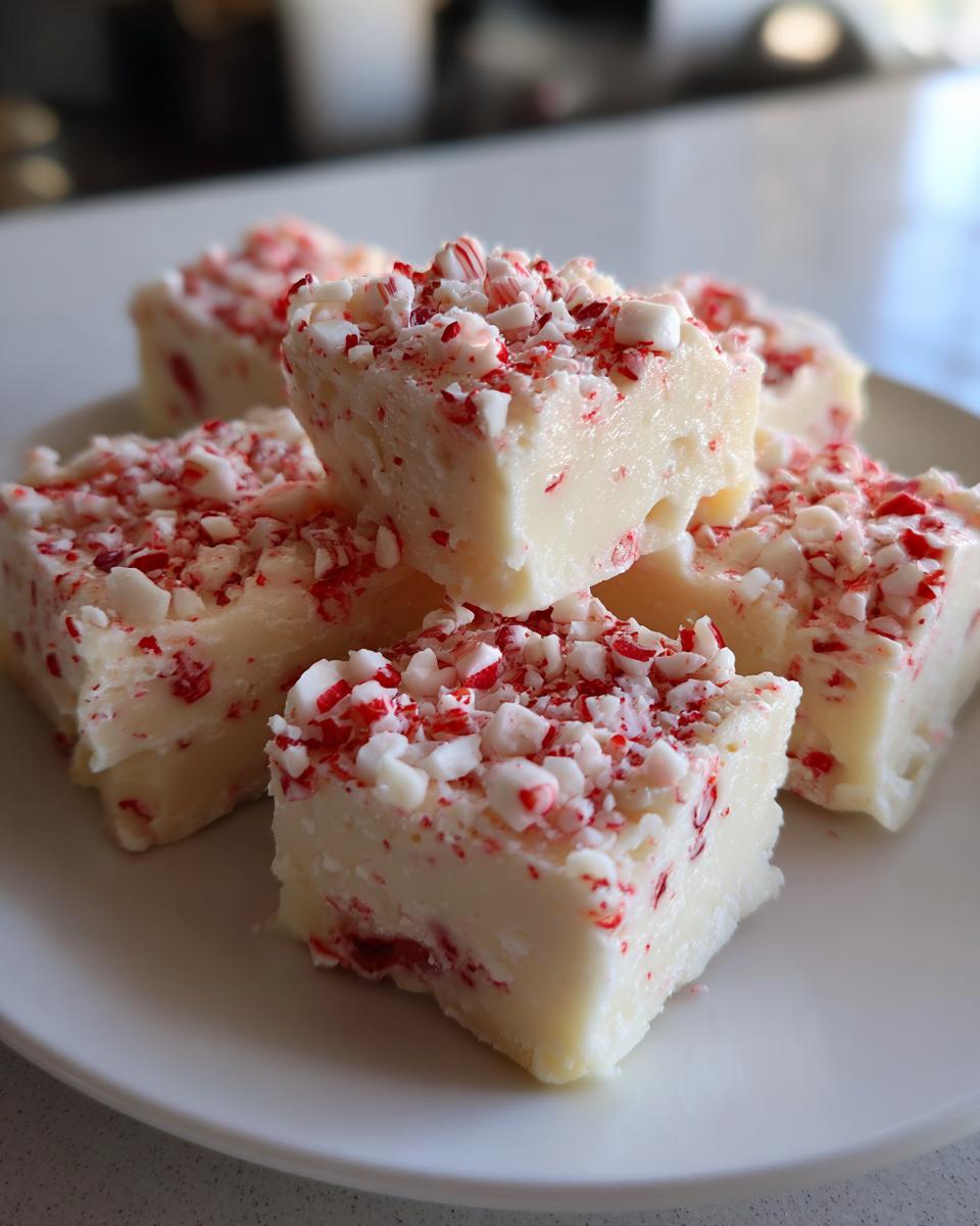 Several squares of creamy white peppermint fudge topped with crushed candy canes, ready to eat.