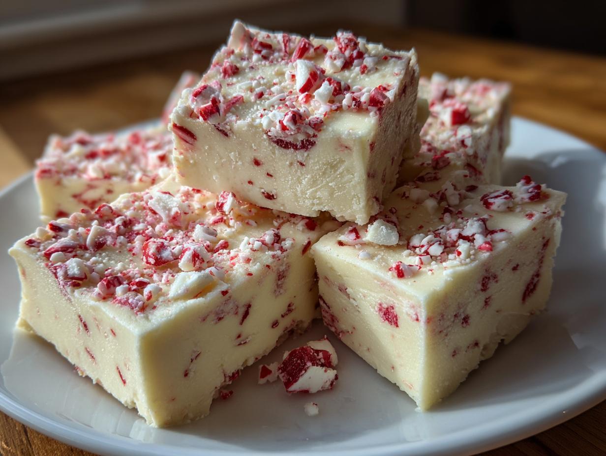 Several squares of creamy white peppermint fudge topped with crushed candy canes, ready to eat.