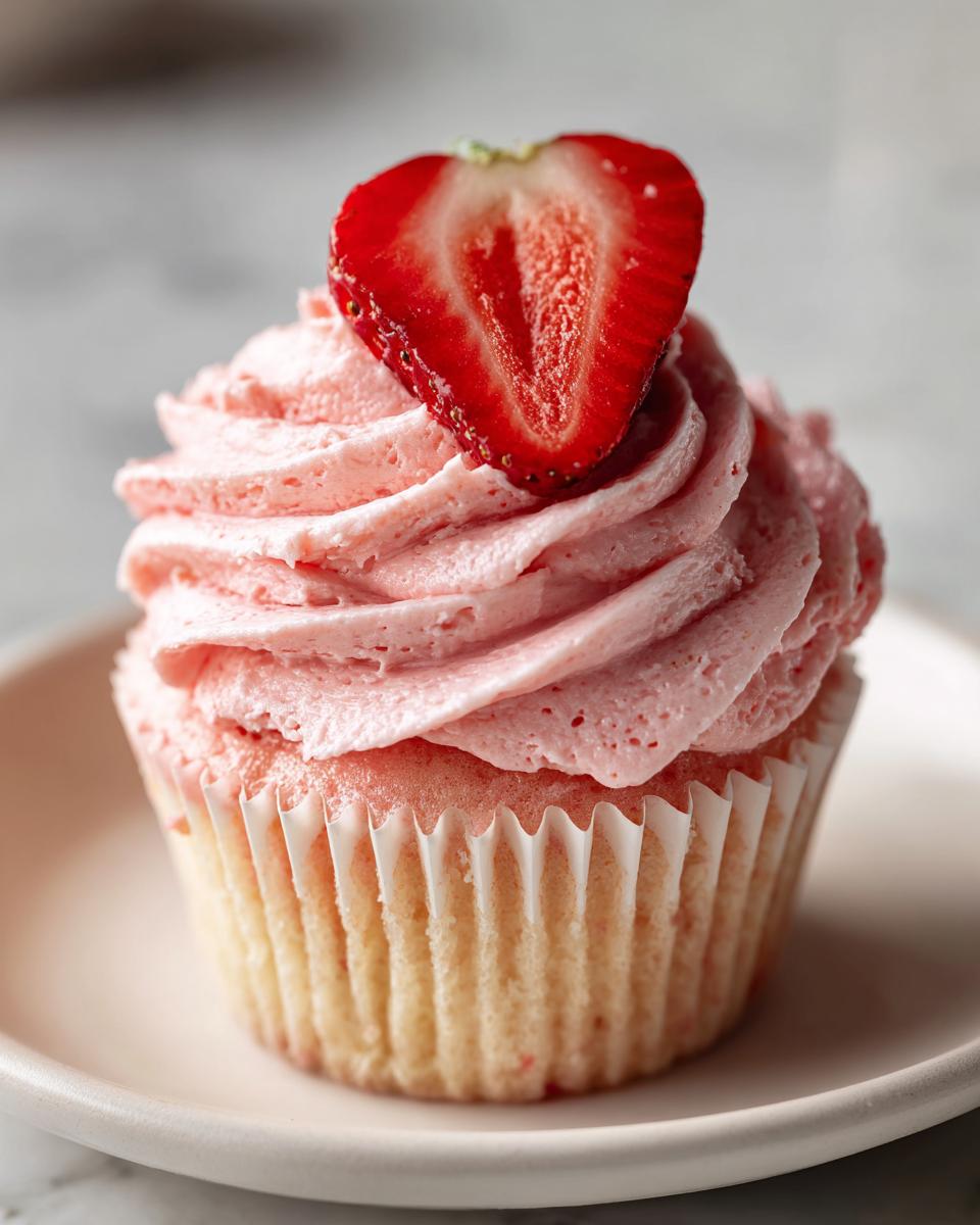 Close-up of a single, light pink strawberry cupcake topped with pink frosting and a fresh strawberry slice.