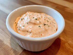 Close-up of a creamy, orange-hued remoulade sauce speckled with herbs and spices in a small white ramekin.