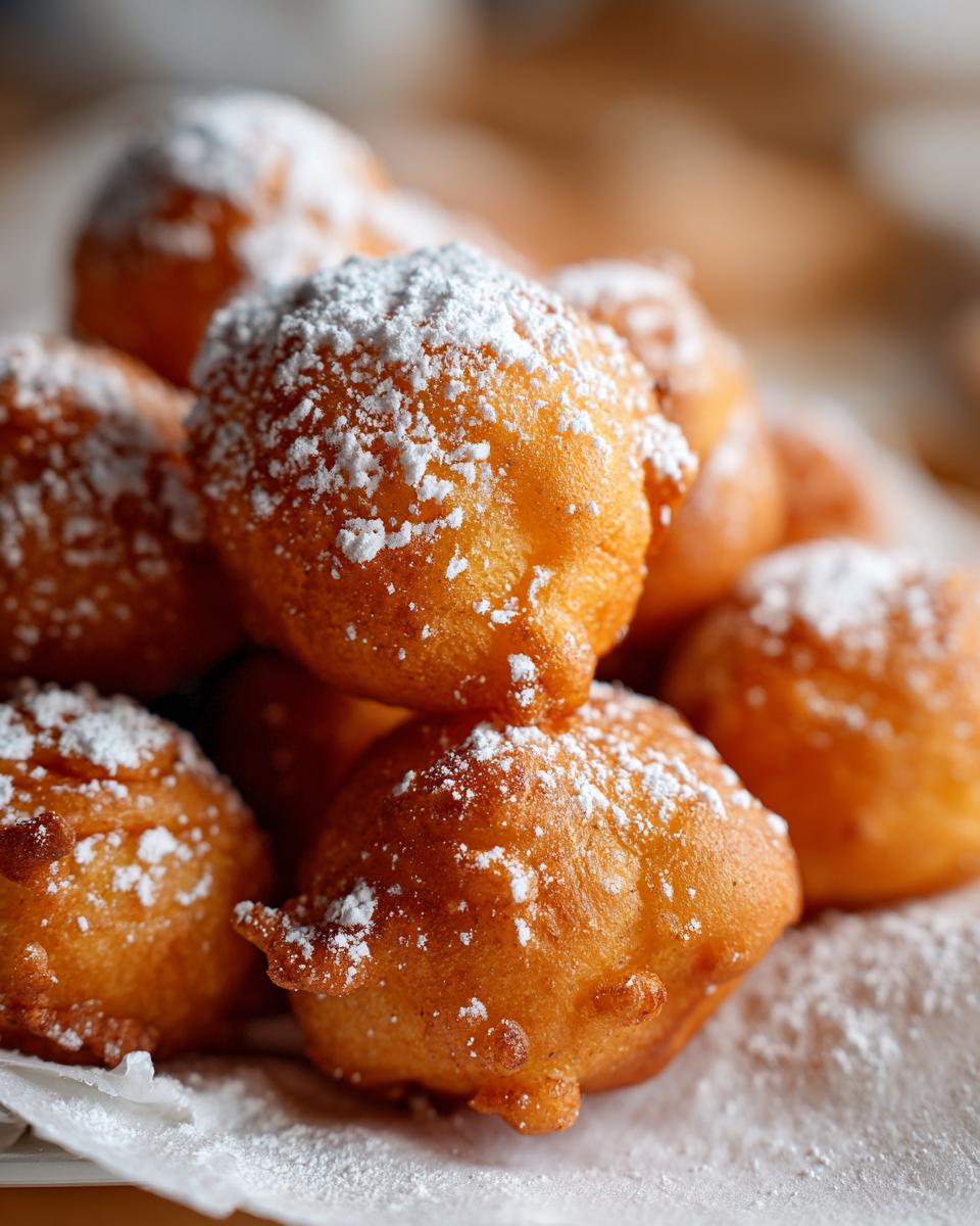 A pile of golden brown air fryer funnel cake bites dusted with powdered sugar.