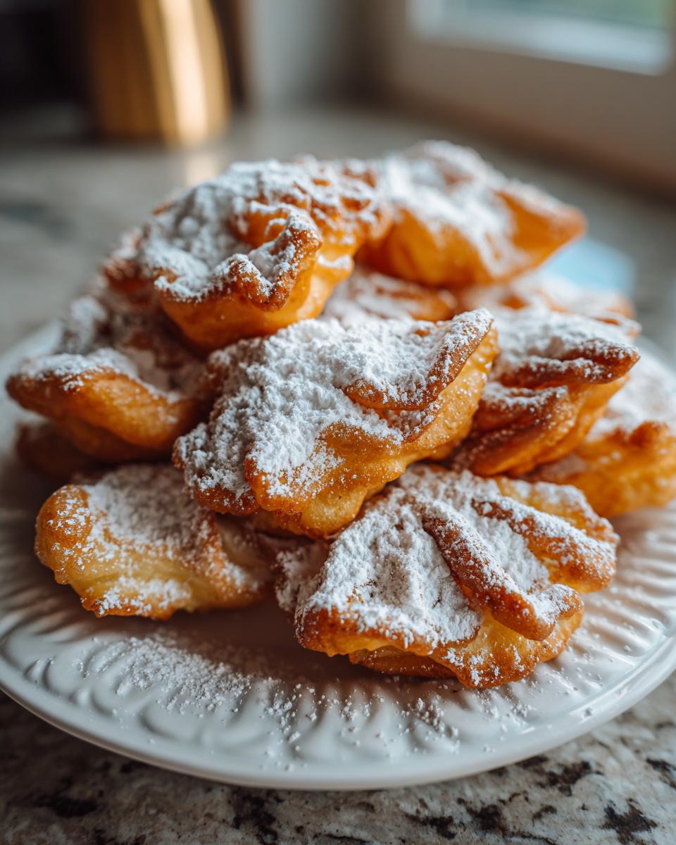 A pile of golden brown air fryer funnel cake bites dusted generously with powdered sugar on a white plate.