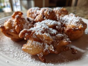 Close-up of golden brown air fryer funnel cake bites dusted generously with powdered sugar on a white plate.