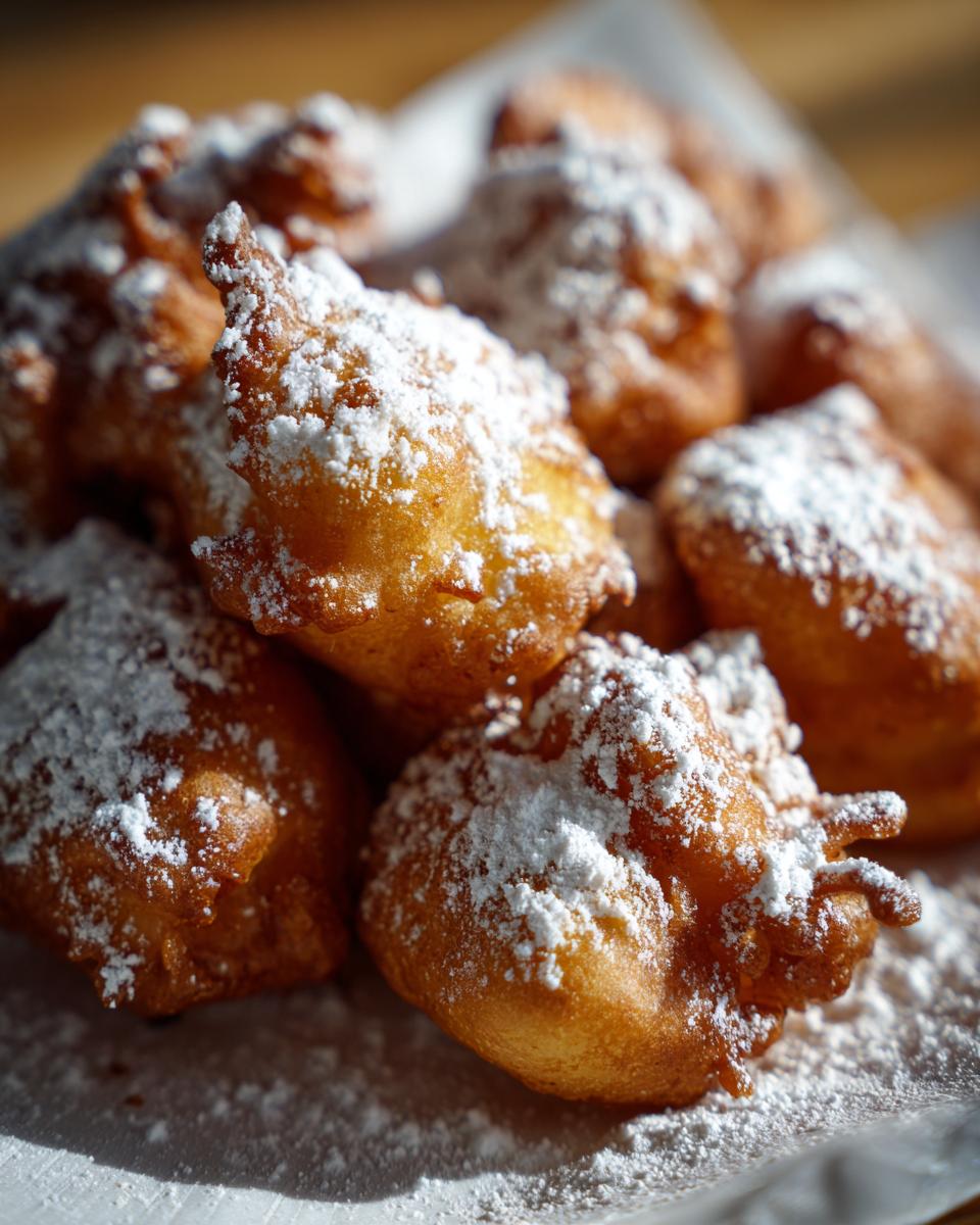 A close-up of golden brown air fryer funnel cake bites generously dusted with powdered sugar.