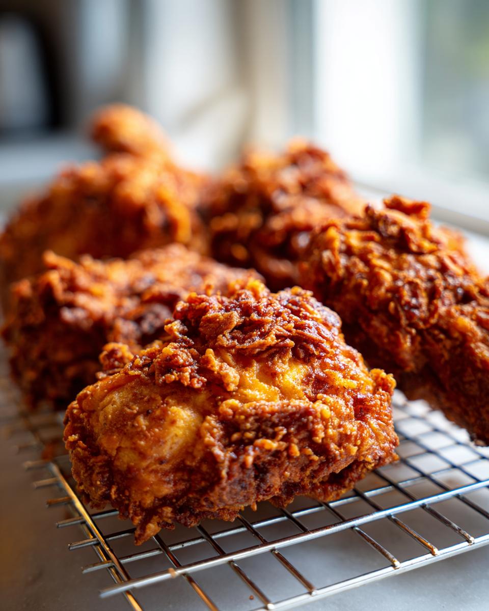 Close-up of several pieces of perfectly cooked, extra-crispy fried chicken resting on a wire cooling rack.