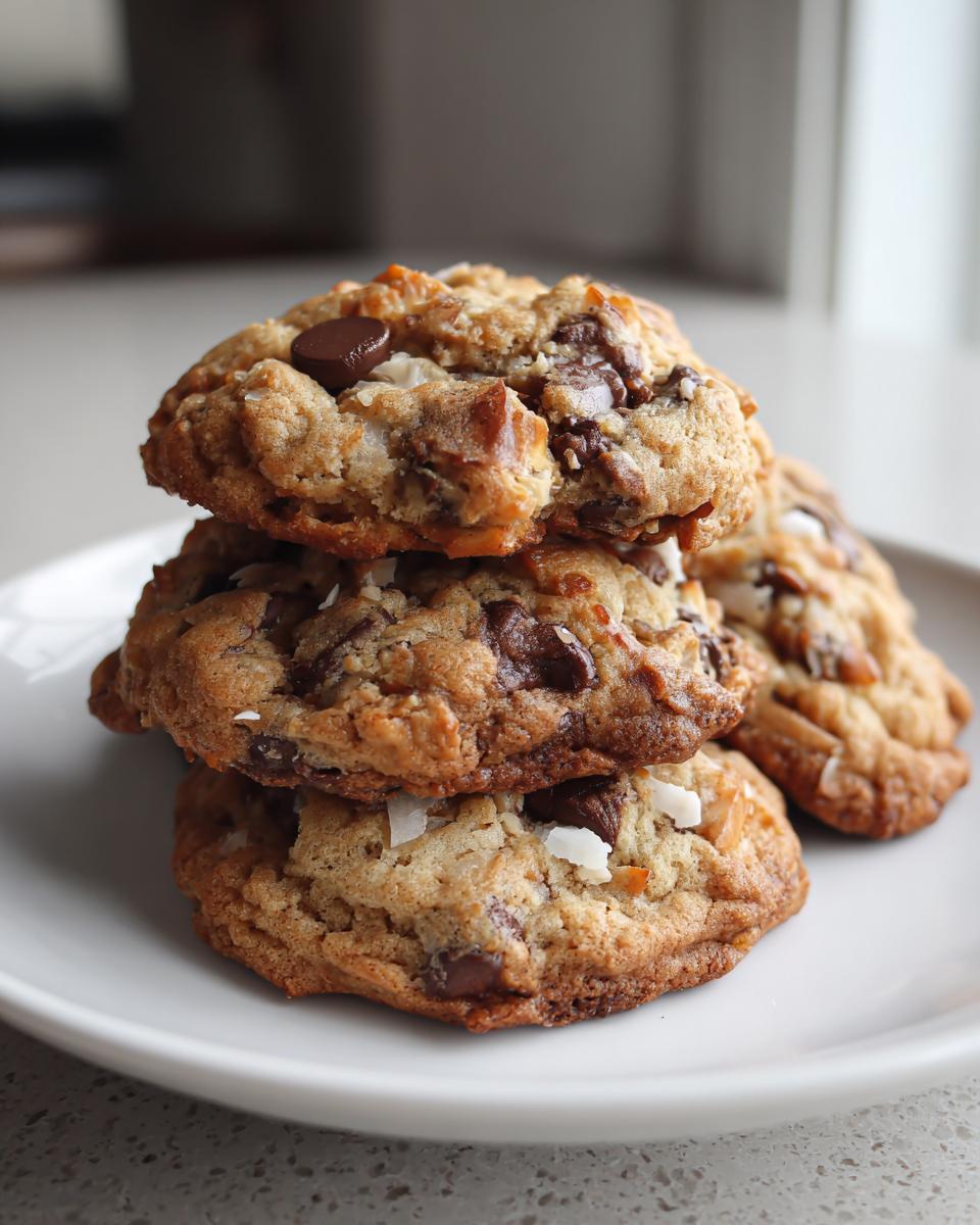 A stack of three freshly baked almond joy cookies loaded with chocolate chips and coconut flakes on a white plate.
