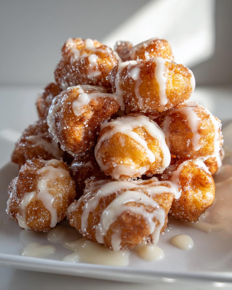 A close-up stack of golden brown apple fritter bites drizzled with white glaze and sprinkled with sugar.