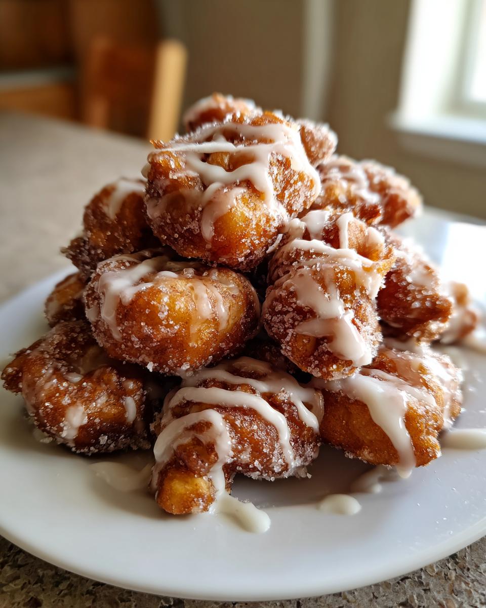 A close-up stack of golden brown apple fritter bites, coated in sugar and drizzled with white glaze.