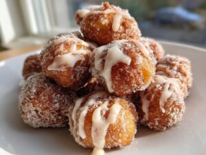A stack of golden brown apple fritter bites coated in sugar and drizzled with white glaze.