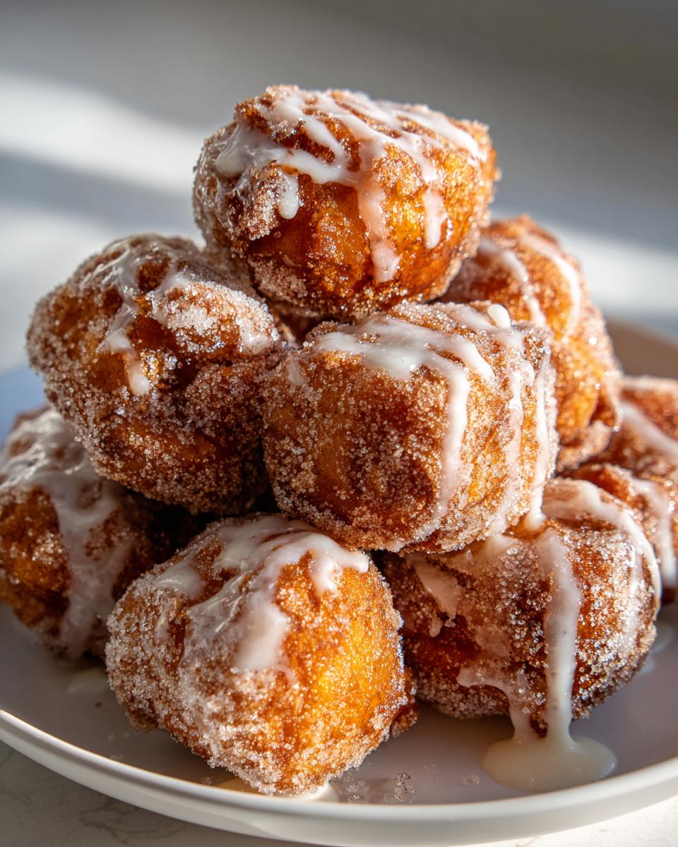 A stack of golden brown apple fritter bites coated in sugar and drizzled with white vanilla glaze.