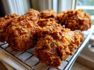 Close-up of several pieces of perfectly golden brown, crispy fried chicken resting on a wire cooling rack.