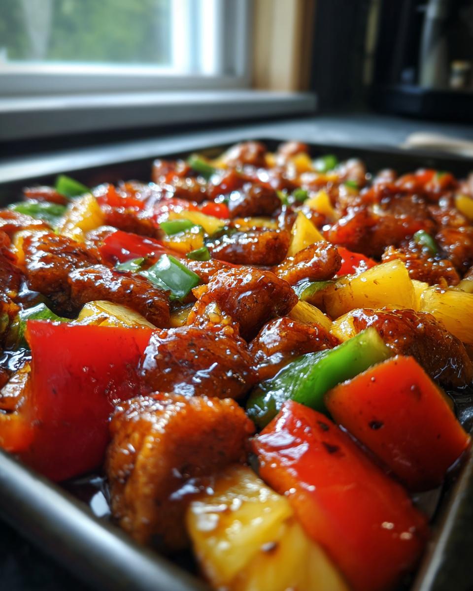 Close-up of glazed chicken pieces, pineapple, and bell peppers on a sheet pan for hawaiian chicken sheet pan.