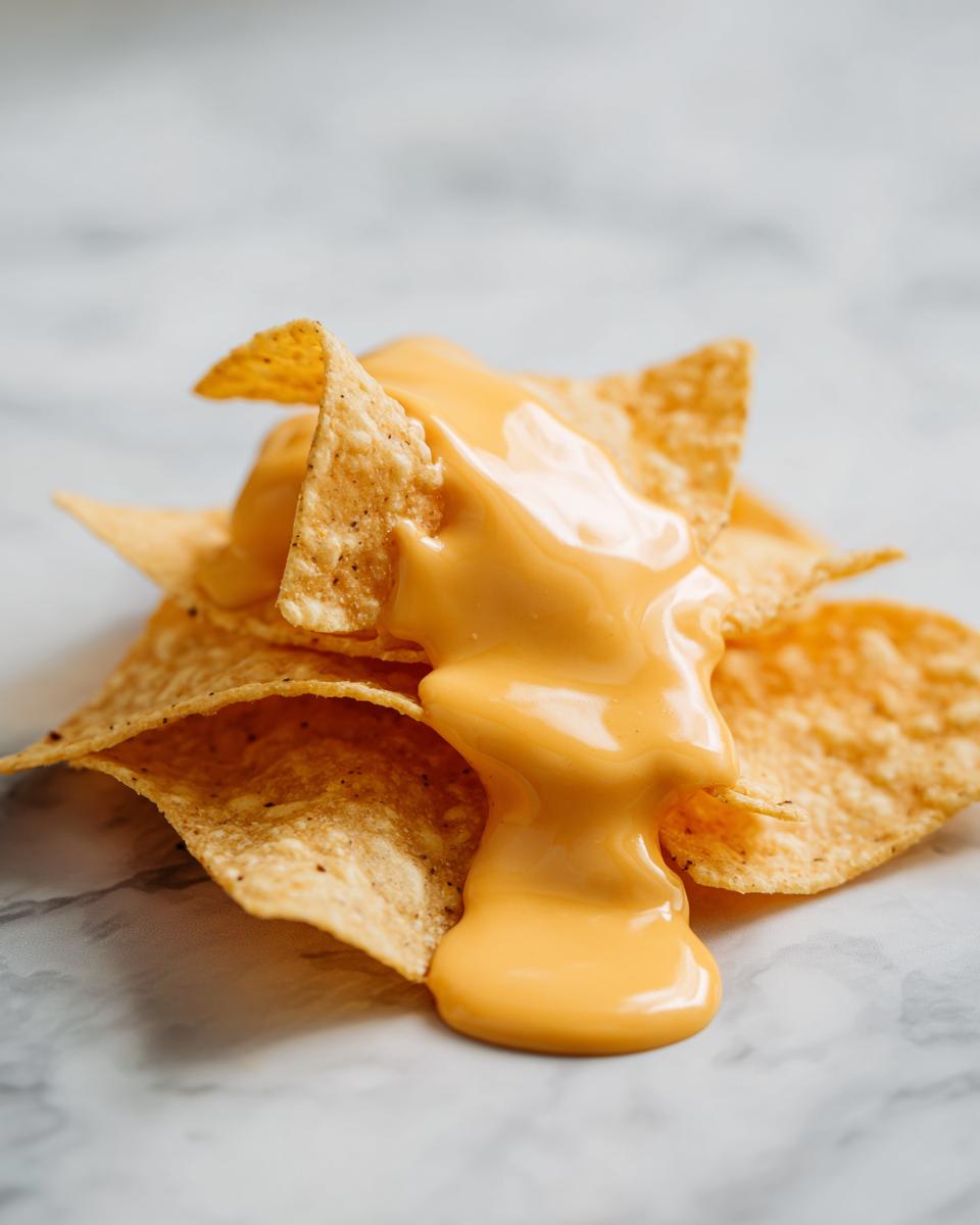 Close-up of tortilla chips covered in thick, smooth nacho cheese sauce dripping onto a marble surface.