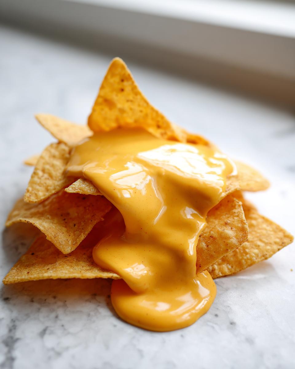 Close-up of tortilla chips smothered in thick, creamy nacho cheese sauce dripping onto a marble surface.