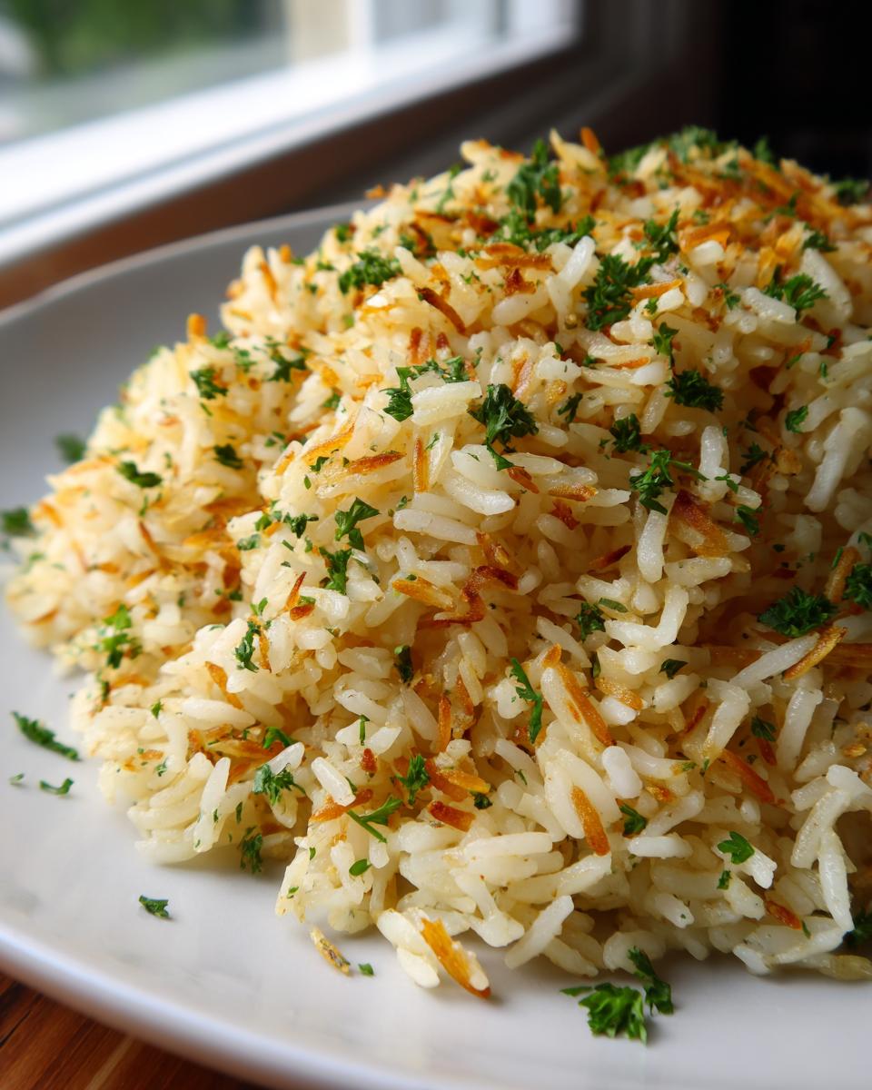Close-up of fluffy rice pilaf recipe featuring toasted vermicelli mixed with white rice and topped with fresh chopped parsley.