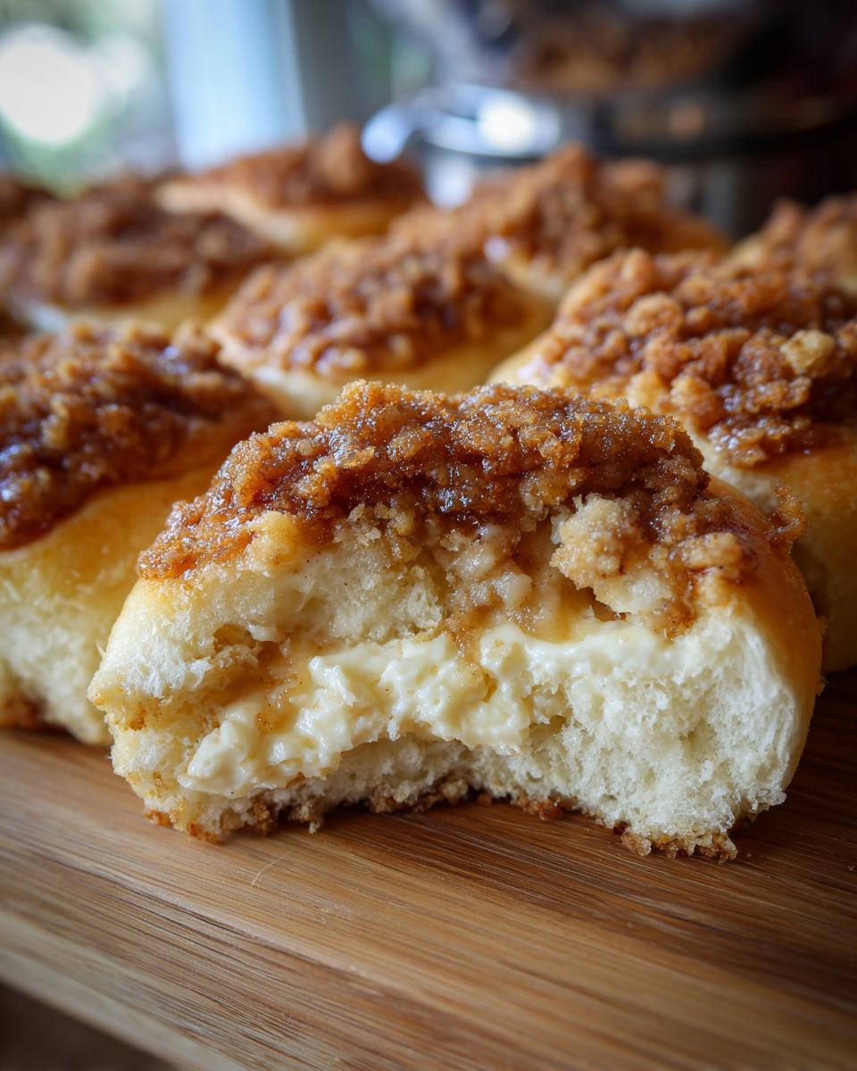 Close-up of an Apple Crumble Cheesecake Bun with a bite taken out, revealing creamy filling and crumb topping.