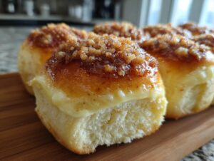 Close-up of a soft, fluffy apple crumble cheesecake bun topped with a creamy filling and crunchy crumble.