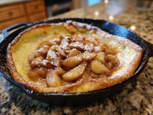 A golden-brown Dutch baby pancake with tender, spiced apple slices and a dusting of powdered sugar, served in a black cast iron skillet.