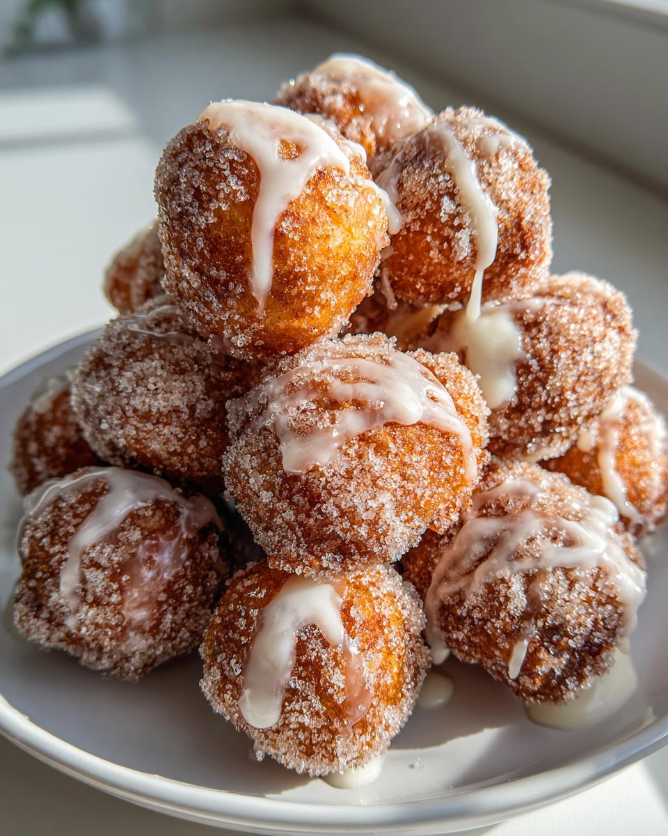 A tall stack of golden brown apple fritter bites coated in cinnamon sugar and drizzled with white glaze.