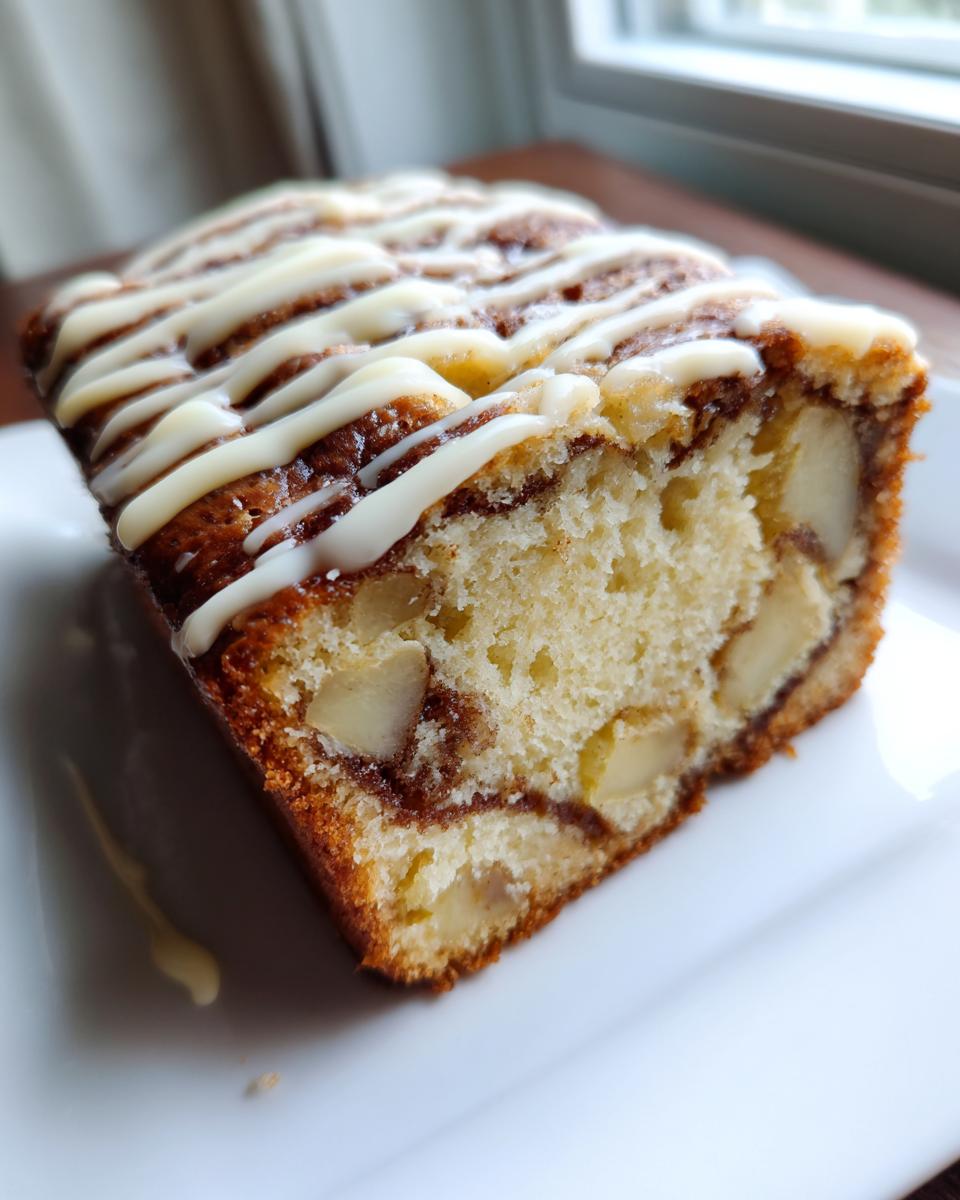 Cross-section view of moist apple fritter bread showing chunks of apple, cinnamon swirl, and white glaze drizzle.