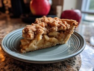 A delicious slice of apple pie bars with a crumbly cinnamon topping, served on a blue-grey plate.