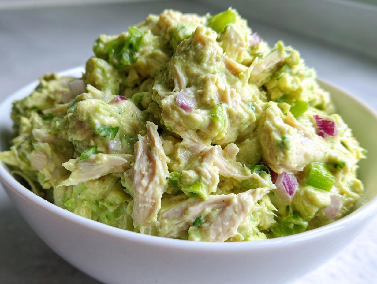 A close-up of creamy avocado chicken salad mixed with red onion and celery served in a white bowl.