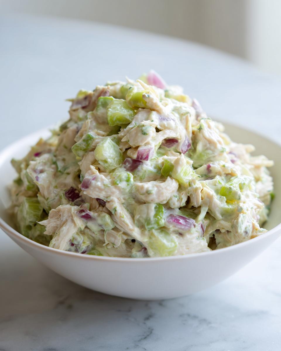 A generous mound of creamy avocado chicken salad with celery and red onion served in a white bowl.