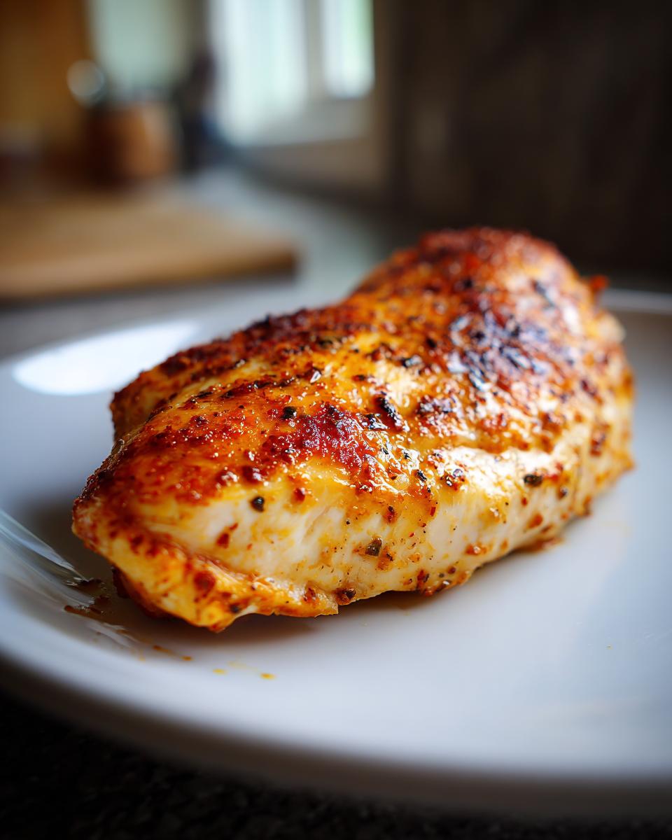 A perfectly seasoned and juicy baked chicken breast resting on a white plate, ready to be served.