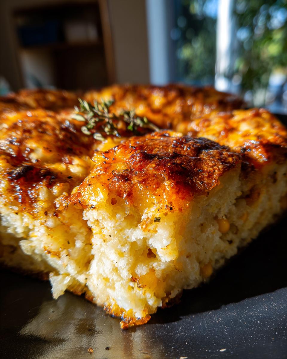 A close-up, richly browned slice of moist cream cheese corn casserole topped with fresh thyme.
