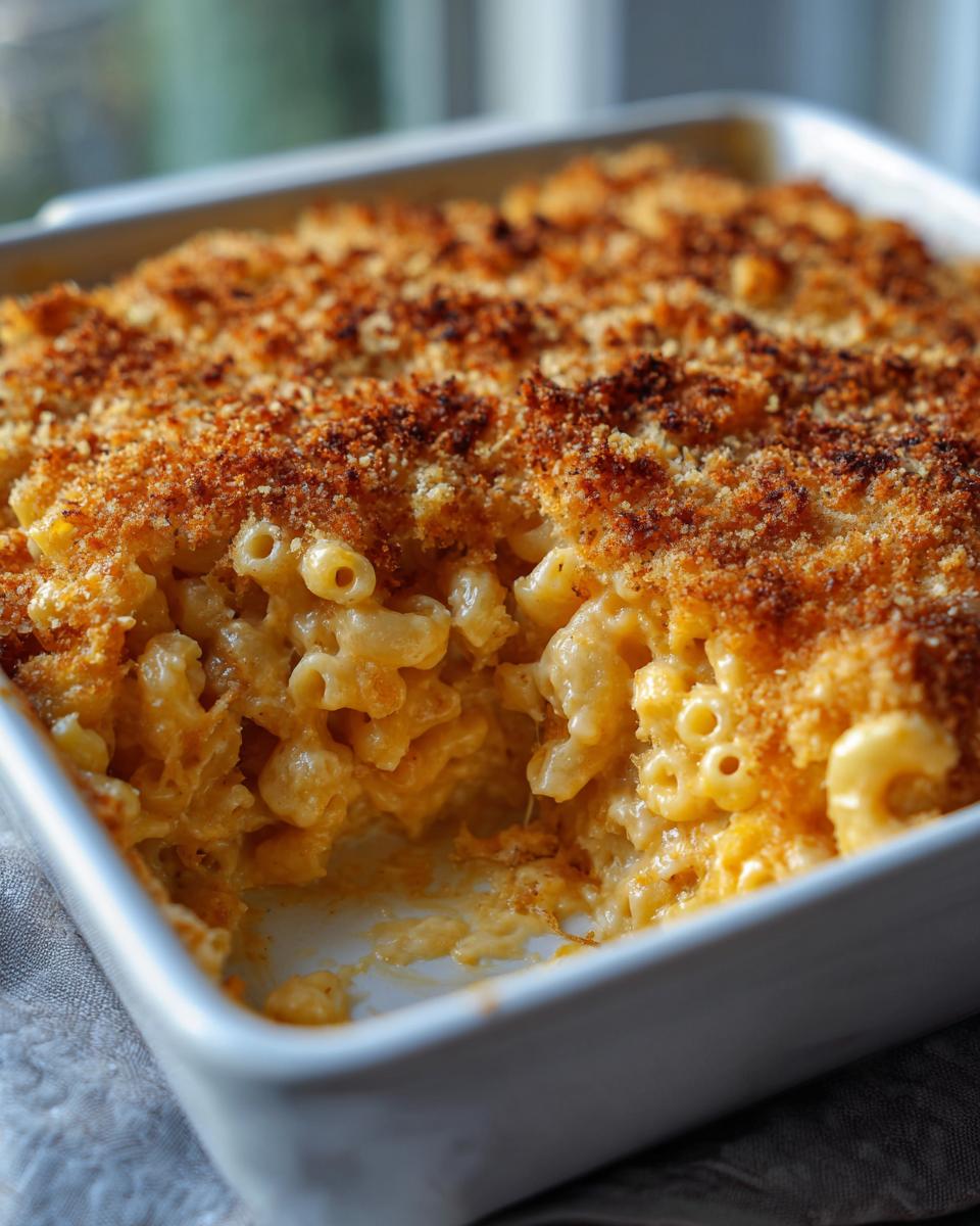 Close-up of a white baking dish filled with creamy baked mac and cheese topped with golden brown breadcrumbs.