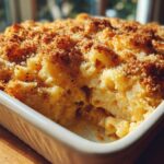 Close-up of creamy baked mac and cheese in a white dish, topped with golden breadcrumbs.