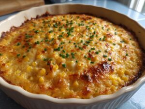 Close-up of a golden-brown baked parmesan corn casserole, topped with fresh chives.