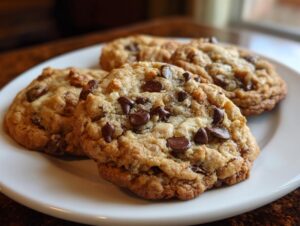 Close-up of a plate of freshly baked banana bread cookies loaded with chocolate chips.