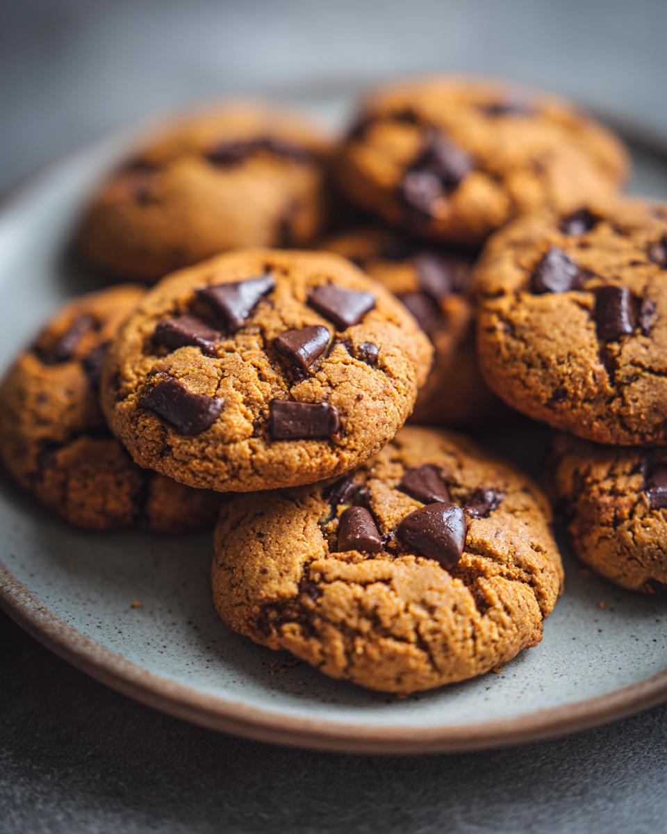 A close-up of a stack of delicious banana bread cookies, studded with chunks of dark chocolate.