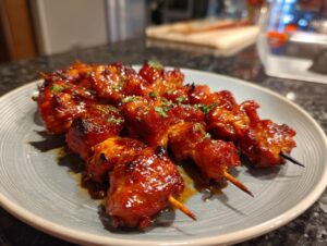 Close-up of juicy Bang Bang chicken skewers glazed with a sweet and spicy sauce, sprinkled with fresh herbs.