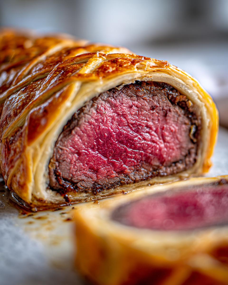 Close-up of a perfectly cooked Beef Wellington, a festive main for Christmas dinner ideas, with flaky pastry and juicy red meat.