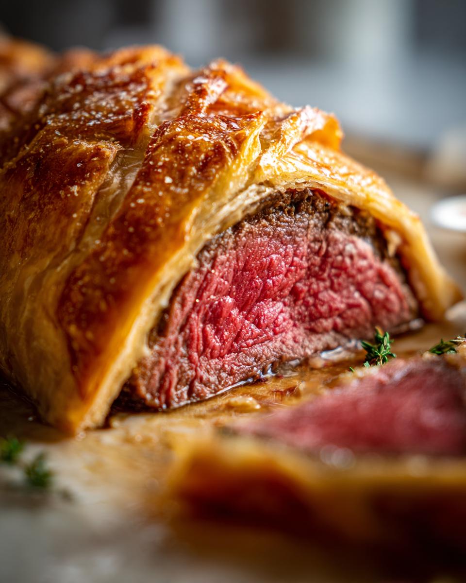 Close-up of a perfectly cooked Beef Wellington, a festive main for Christmas dinner ideas, with flaky pastry and juicy red meat.