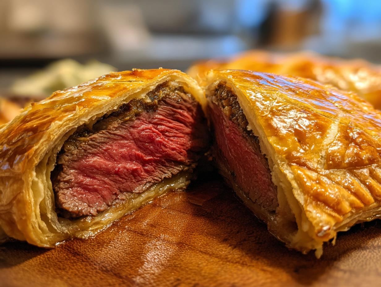 A perfectly cooked Beef Wellington, sliced to reveal a juicy medium-rare steak, a festive choice for Christmas dinner ideas.