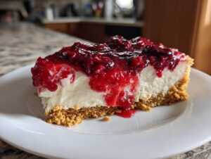 A close-up of a slice of berry cheesecake on a white plate, showcasing the creamy filling and rich berry topping.